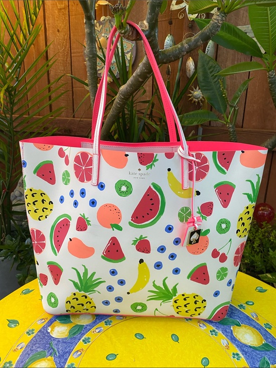 kate spade Handbags - kate spade White Multicolor Fruit Print Tote with Pink Trim